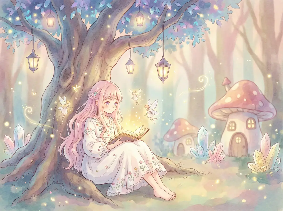 激情做爱 - 魔法森林中阅读故事书的粉发少女与精灵